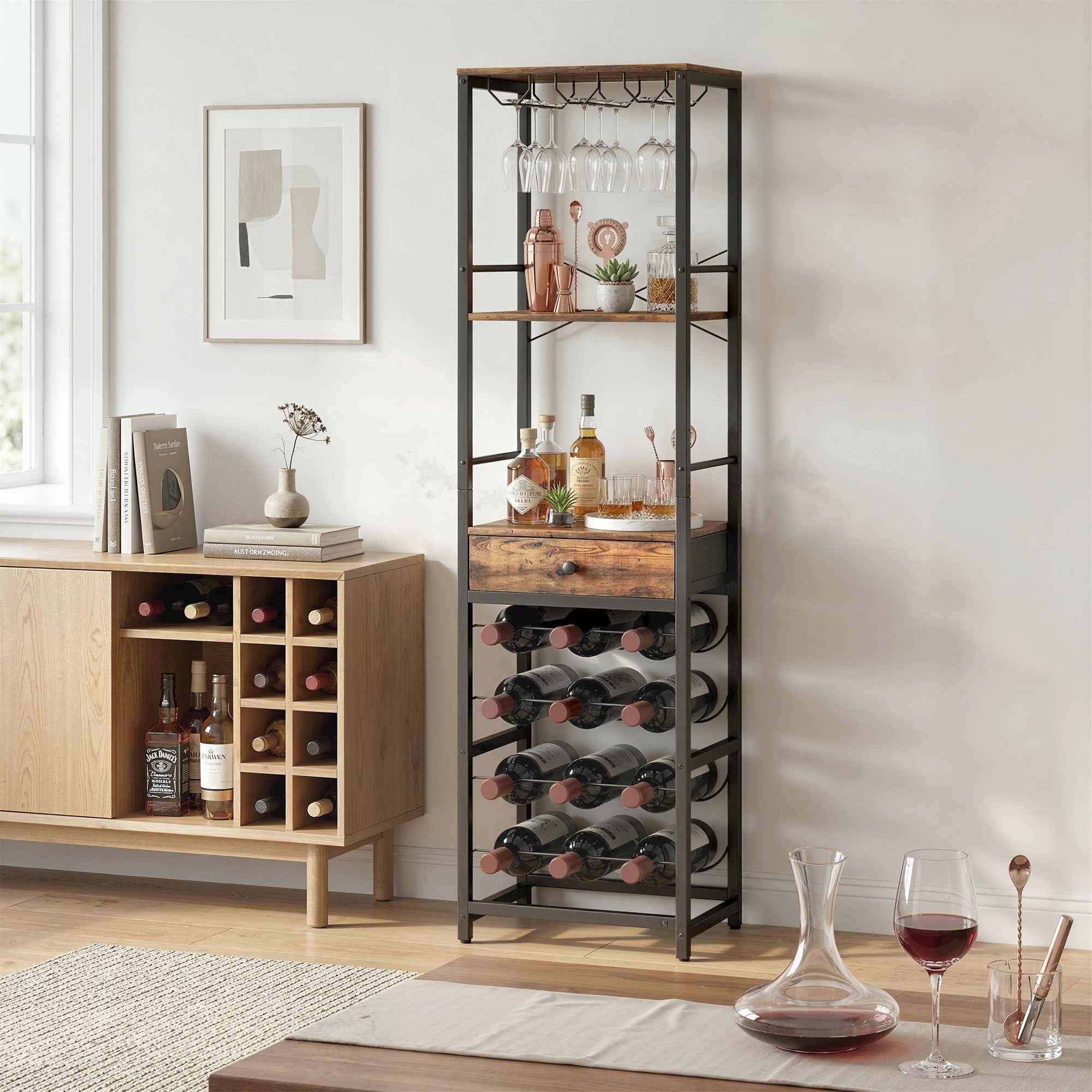 HOMCOM Mobile Bar, Bar Cabinet with Drawer, Cup Holder, Rustic Brown
