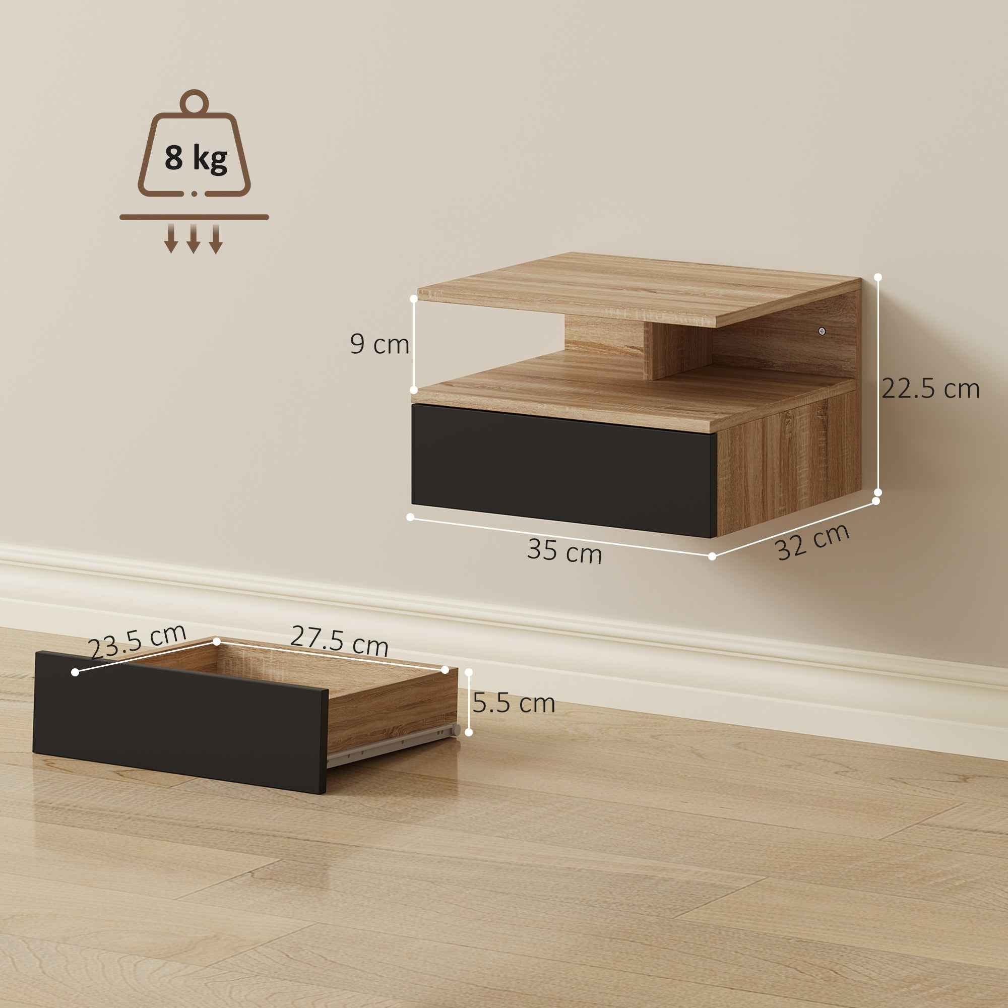 HOMCOM Set of 2 Floating Bedside Tables with Drawer and Open Shelf, 35x32x22.5 cm, Black and Oak