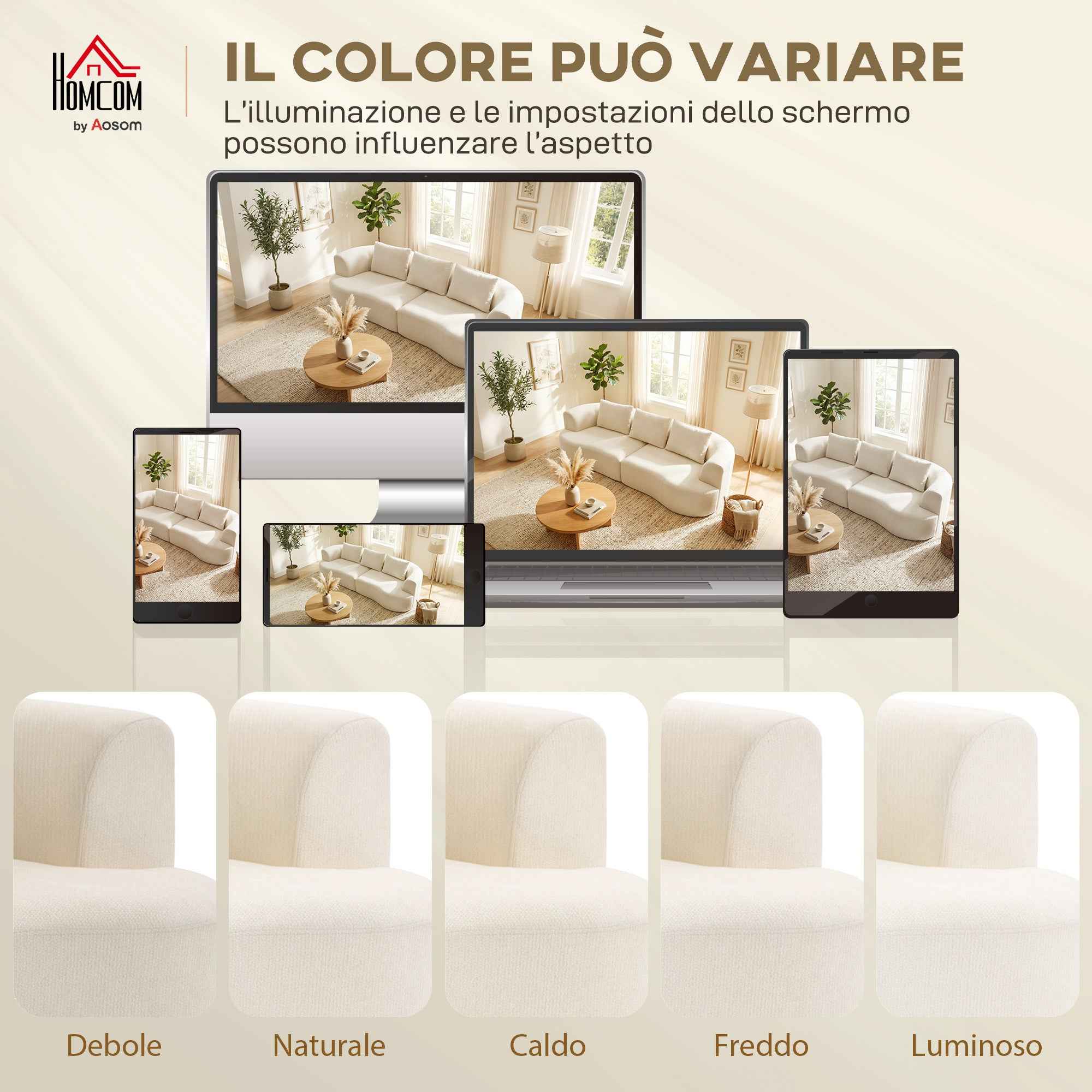 3-seater modular sofa with wide seat and chenille cushions, 260 cm, Cream