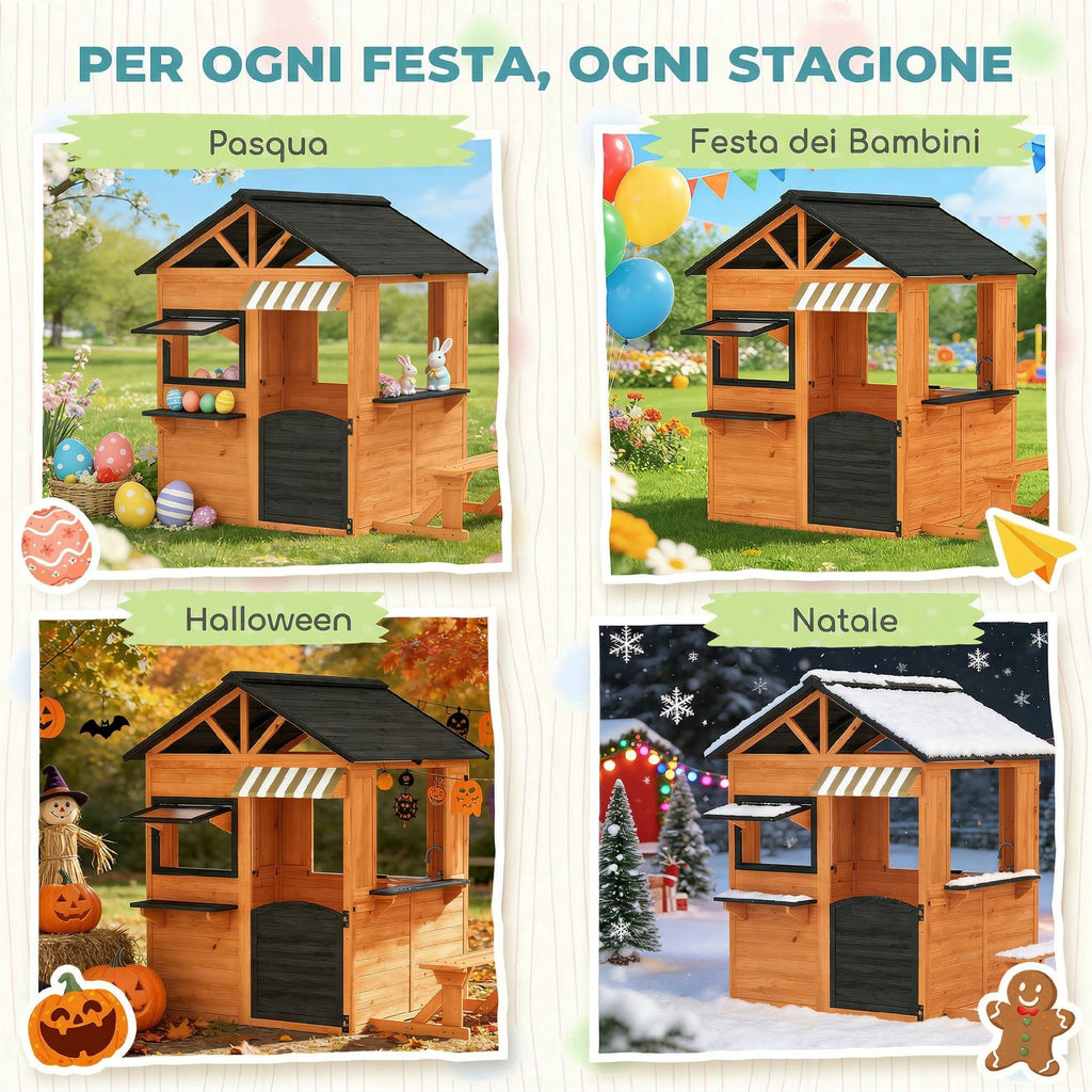 AIYAPLAY Children's Garden Playhouse Made of Fir Wood with Snack Bar, Windows, Half Door, Bench and Brown Roof