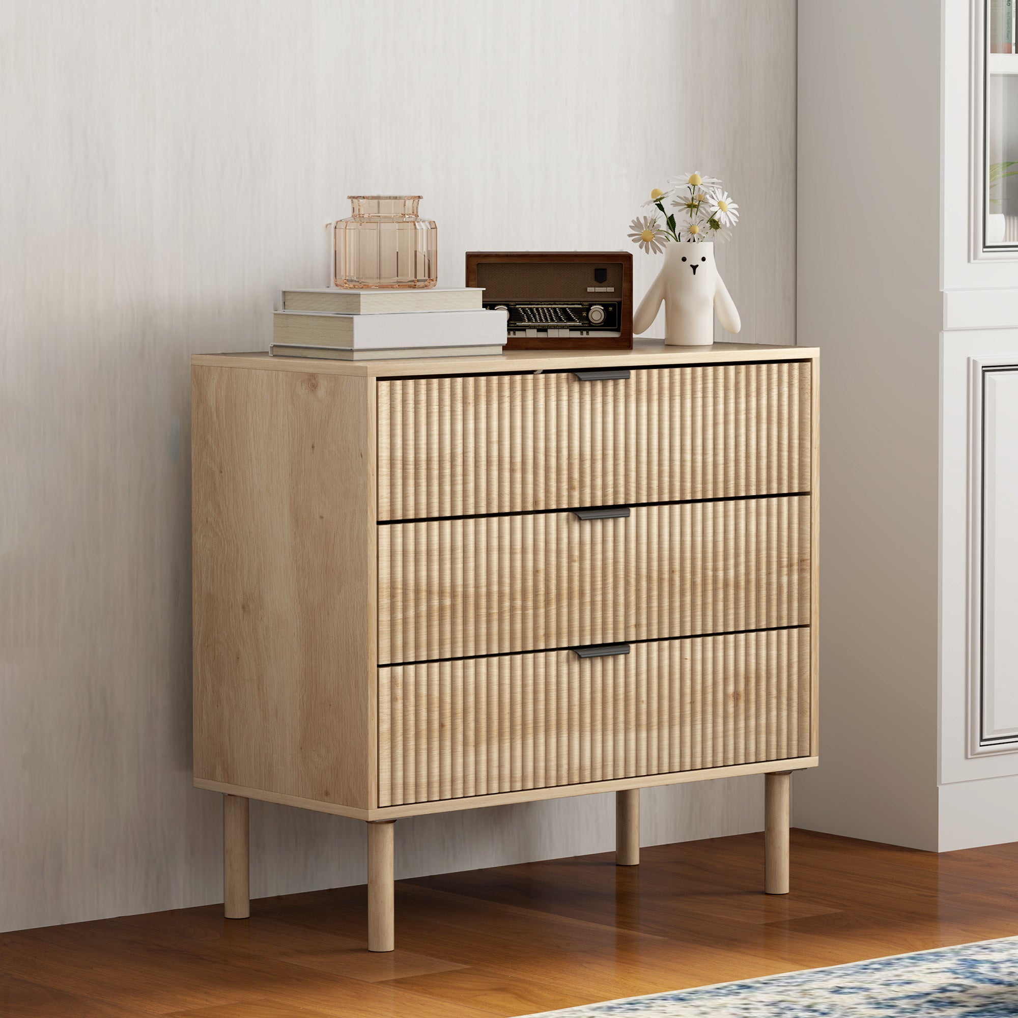 3 Drawer Wooden Chest of Drawers for Bedroom and Entrance Nordic Style, 80x40x77.5 cm, Oak