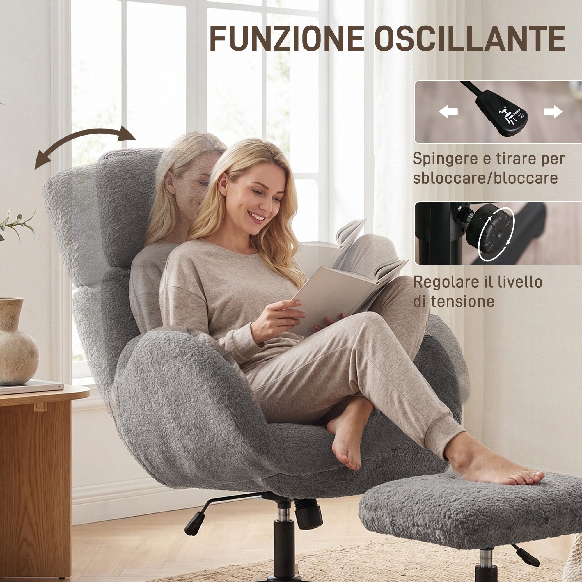 Swivel Chair with Footrest, Height-Adjustable with Adjustable Headrest, Rocking Function, Grey