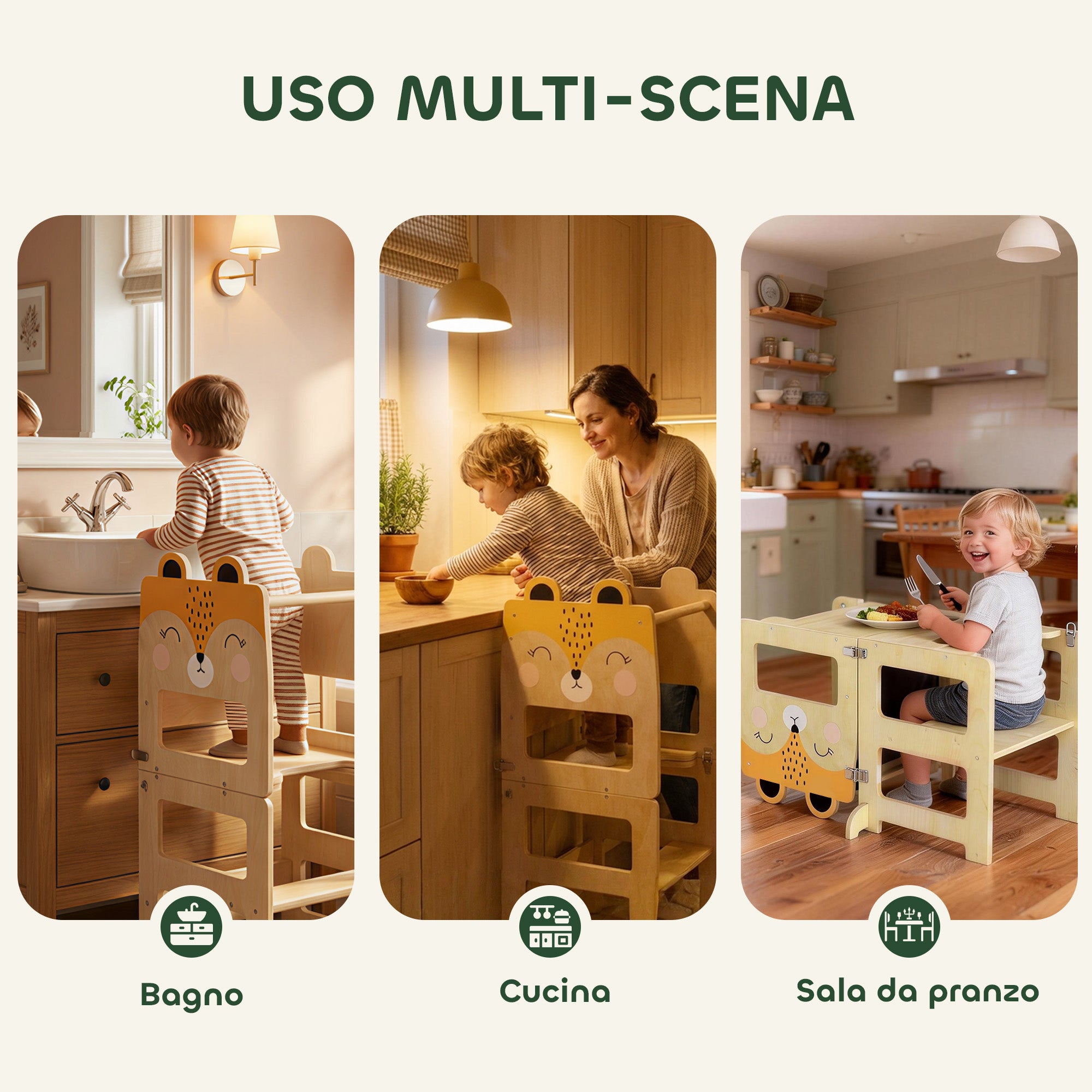 AIYAPLAY Montessori Tower for Children 2-5 Years with Blackboard and Table, Wooden, 57x39x93 cm, Wood Color