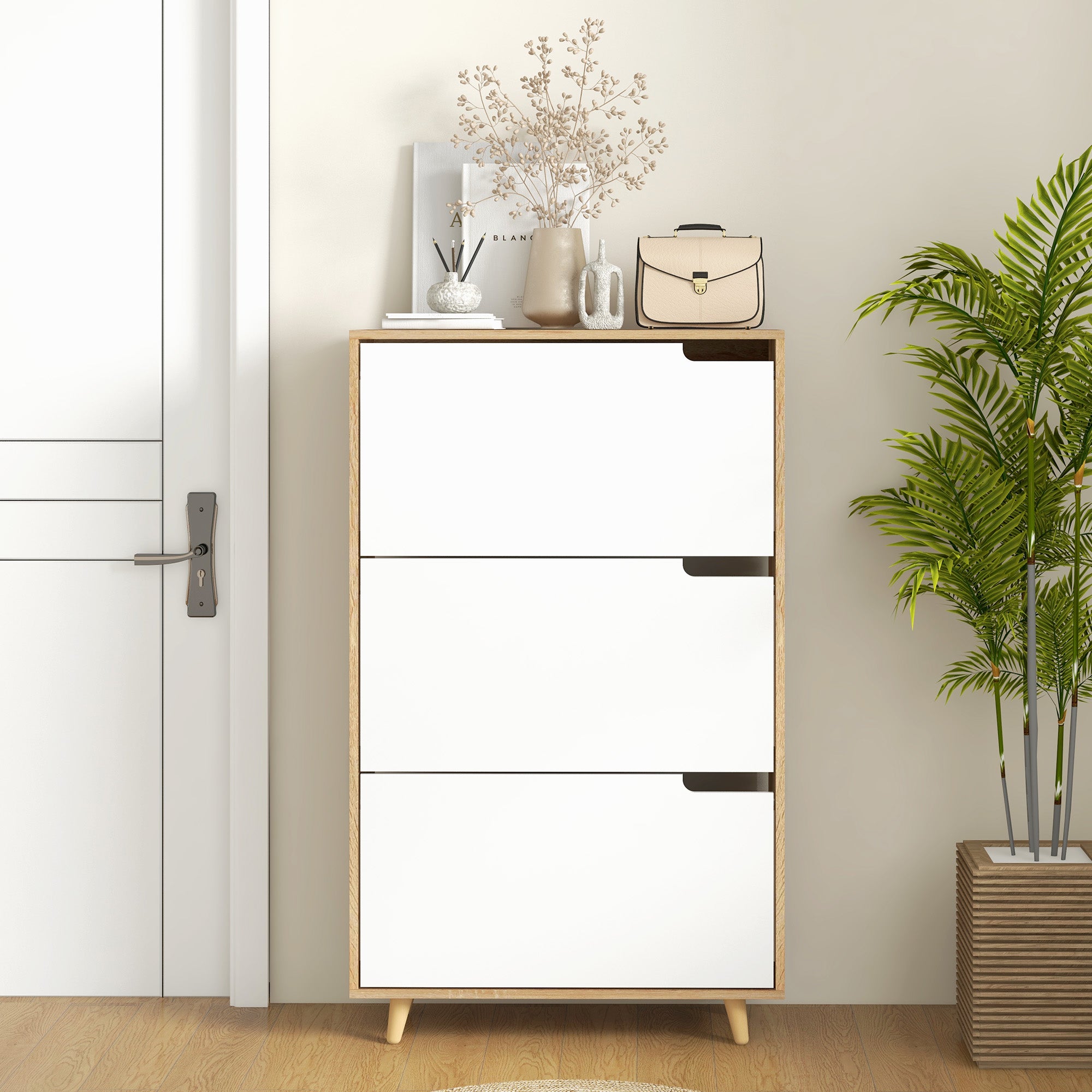 HOMCOM Space-saving 3-drawer shoe rack with adjustable shelf for 18-24 pairs of shoes, 72x24x119cm, White - Borgè