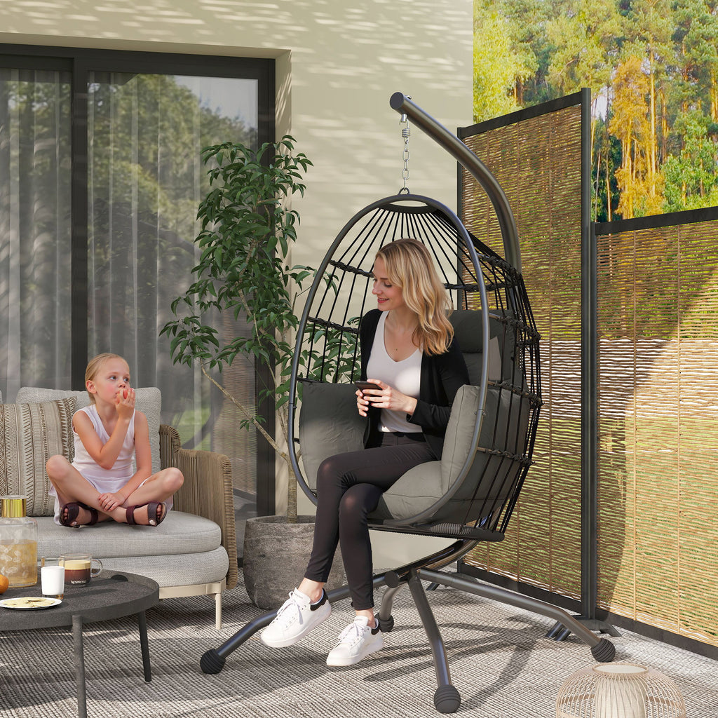 Hanging Egg Chair with Adjustable Hook, 2 Cushions and Basket, Steel, 120x88x192 cm, Black and Grey