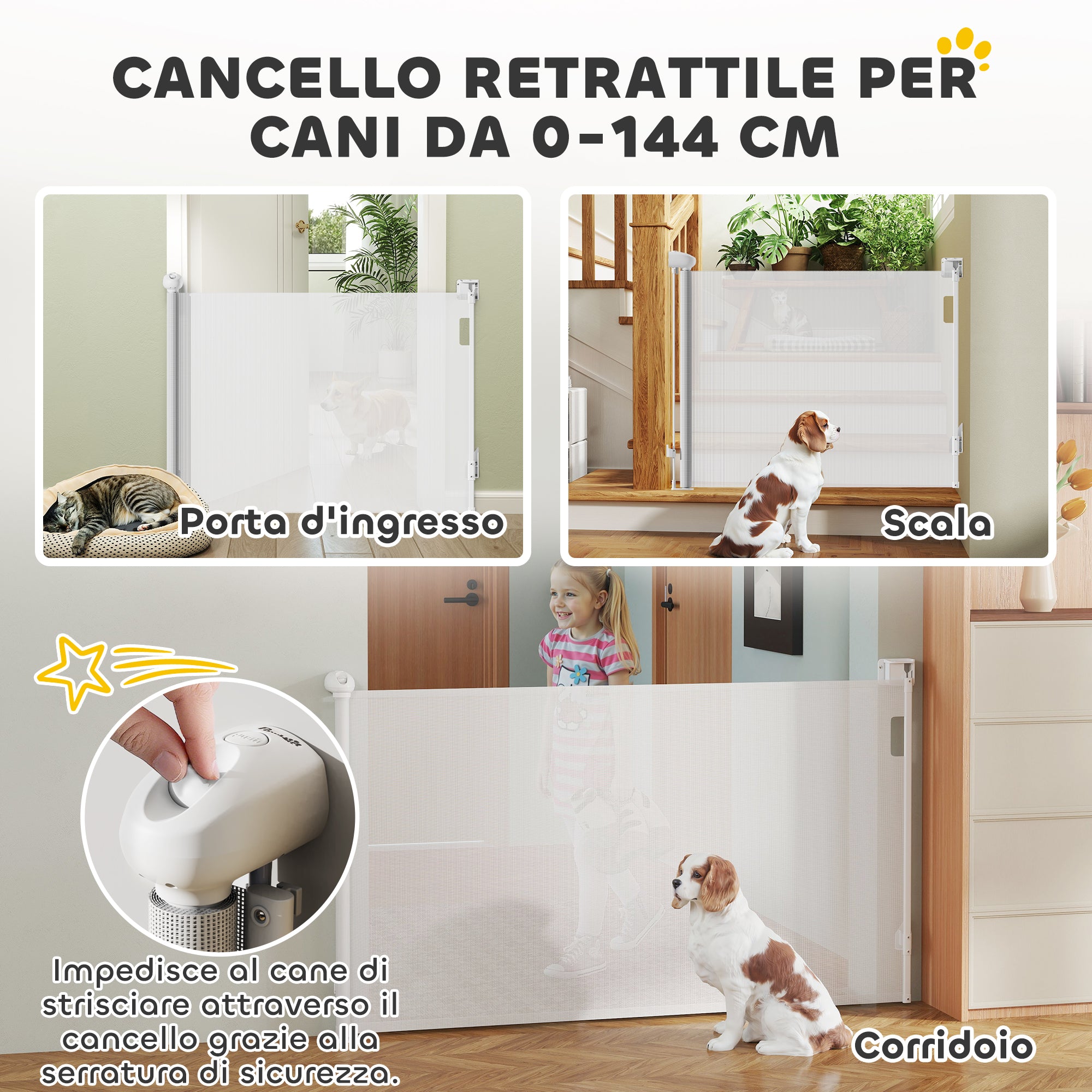 Gate for Small Dogs Extendable 0-144 cm and Retractable with Automatic Lock, White
