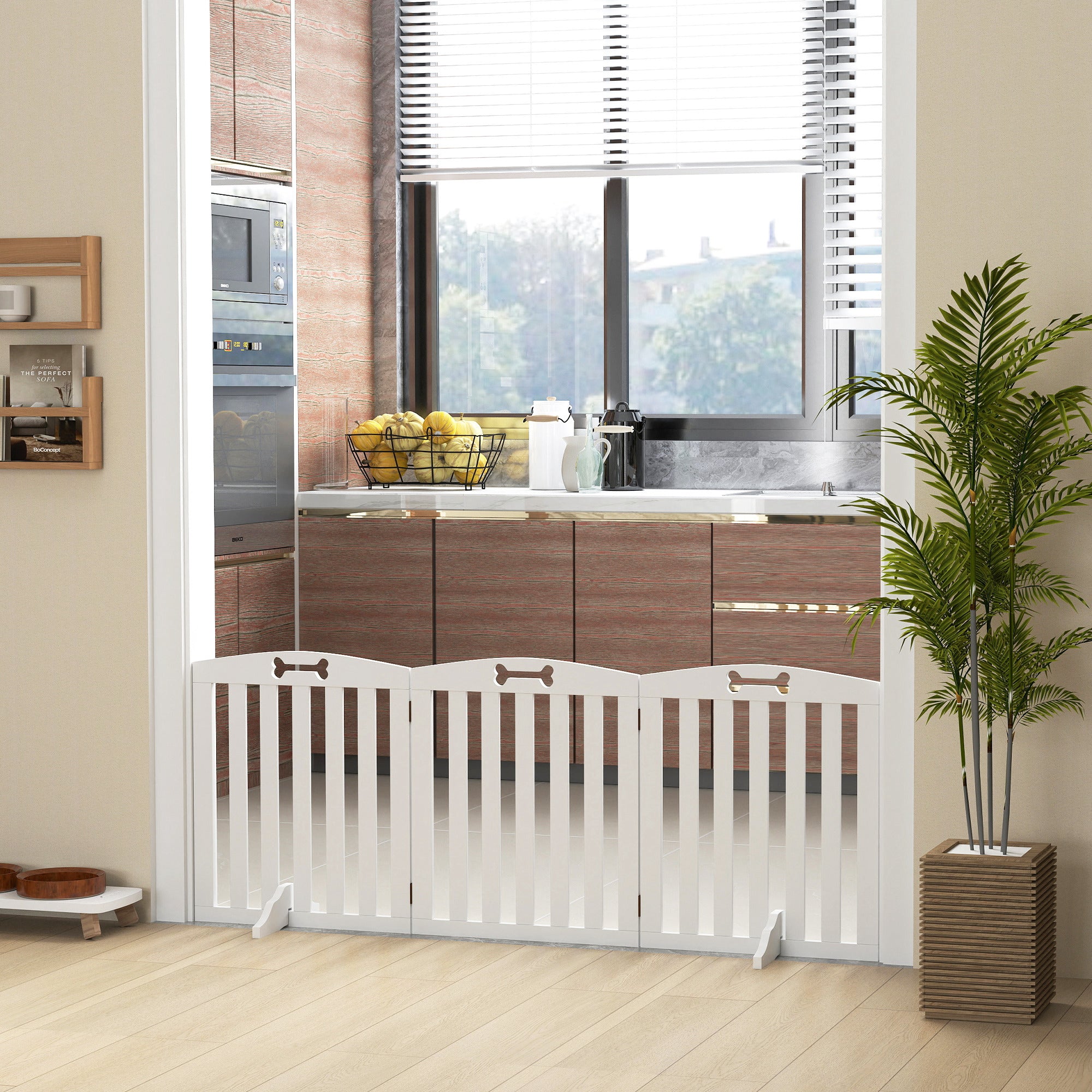 3-Panel Folding Dog Gate with 2 Stands, White Wood, 155x30x61 cm