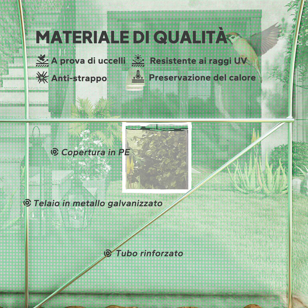 Outsunny UV-Proof Tunnel Greenhouse with 6 Mesh Windows and Roll-Up Entrance, Metal and PE, 4x2x2 m, Green