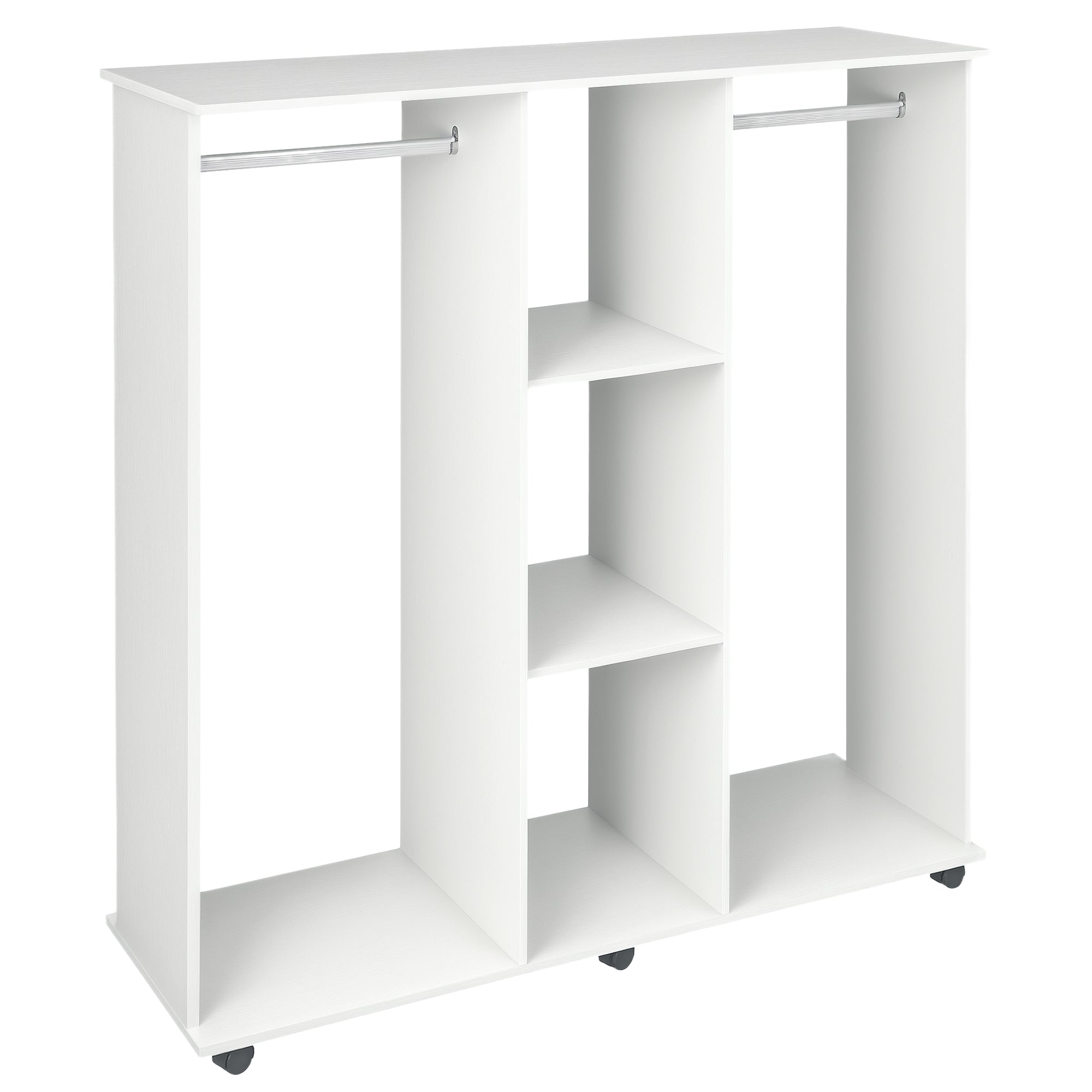Wardrobe with Wheels, 2 Rods, and 3 Open Shelves, Made of Wood and Aluminum, 120x40x128 cm, White