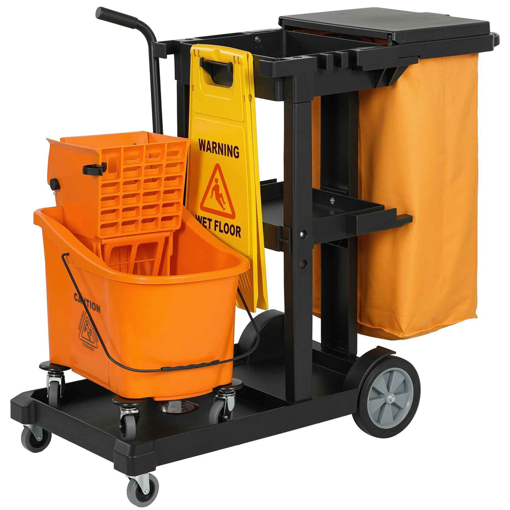 HOMCOM Cleaning Trolley: Wheels, 3 Shelves, 70L Bag, Bucket with Wringer.