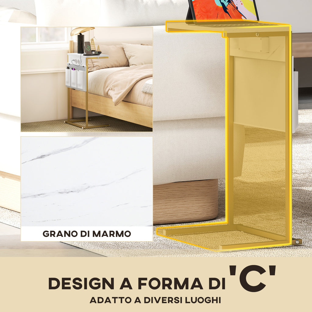 C-Shaped Coffee Table with Built-in Power Sockets and USB, Marble Effect, White