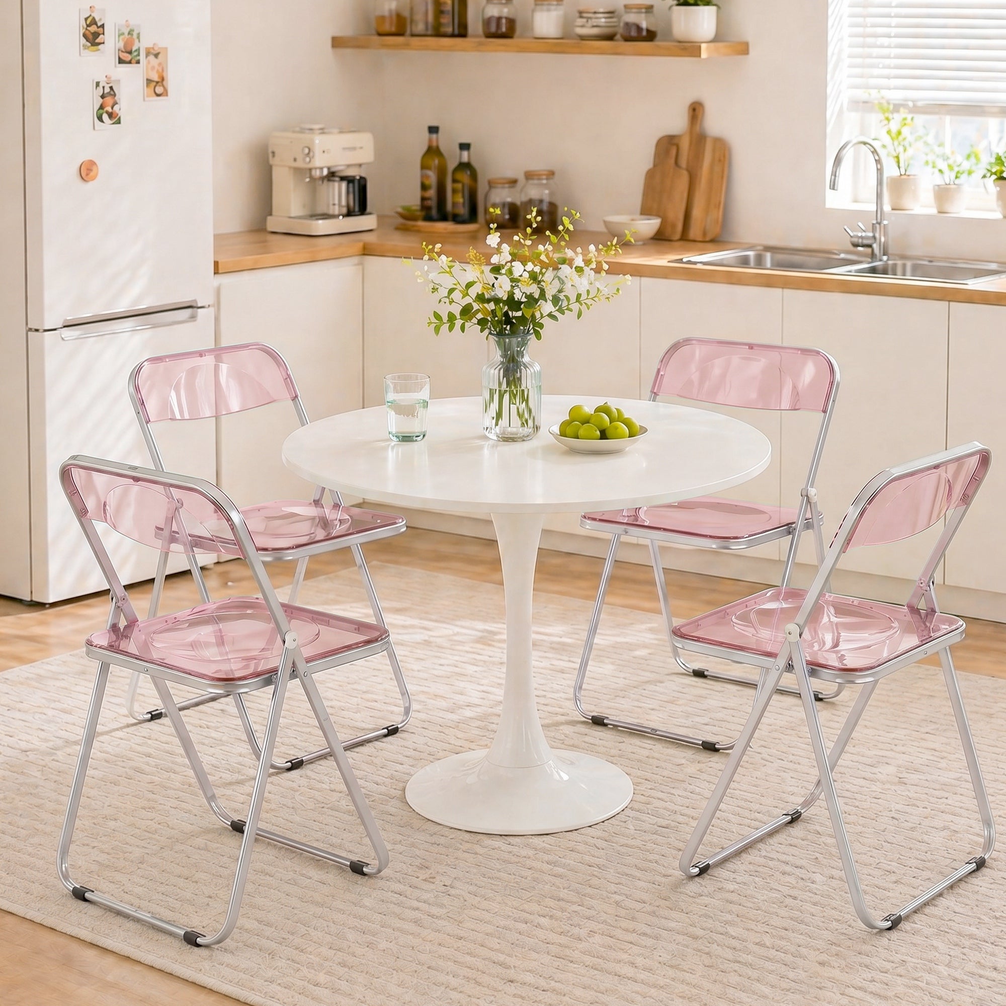 HOMCOM Set of 4 Clear Acrylic Folding Chairs, Pink