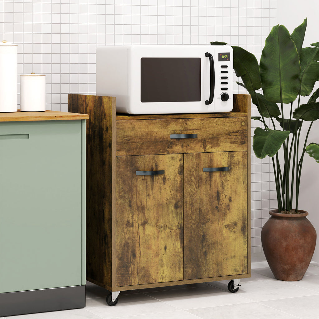 Kitchen Trolley with Drawer, Cabinet and 4 Wooden Wheels, 60x40x77cm, Rustic Brown