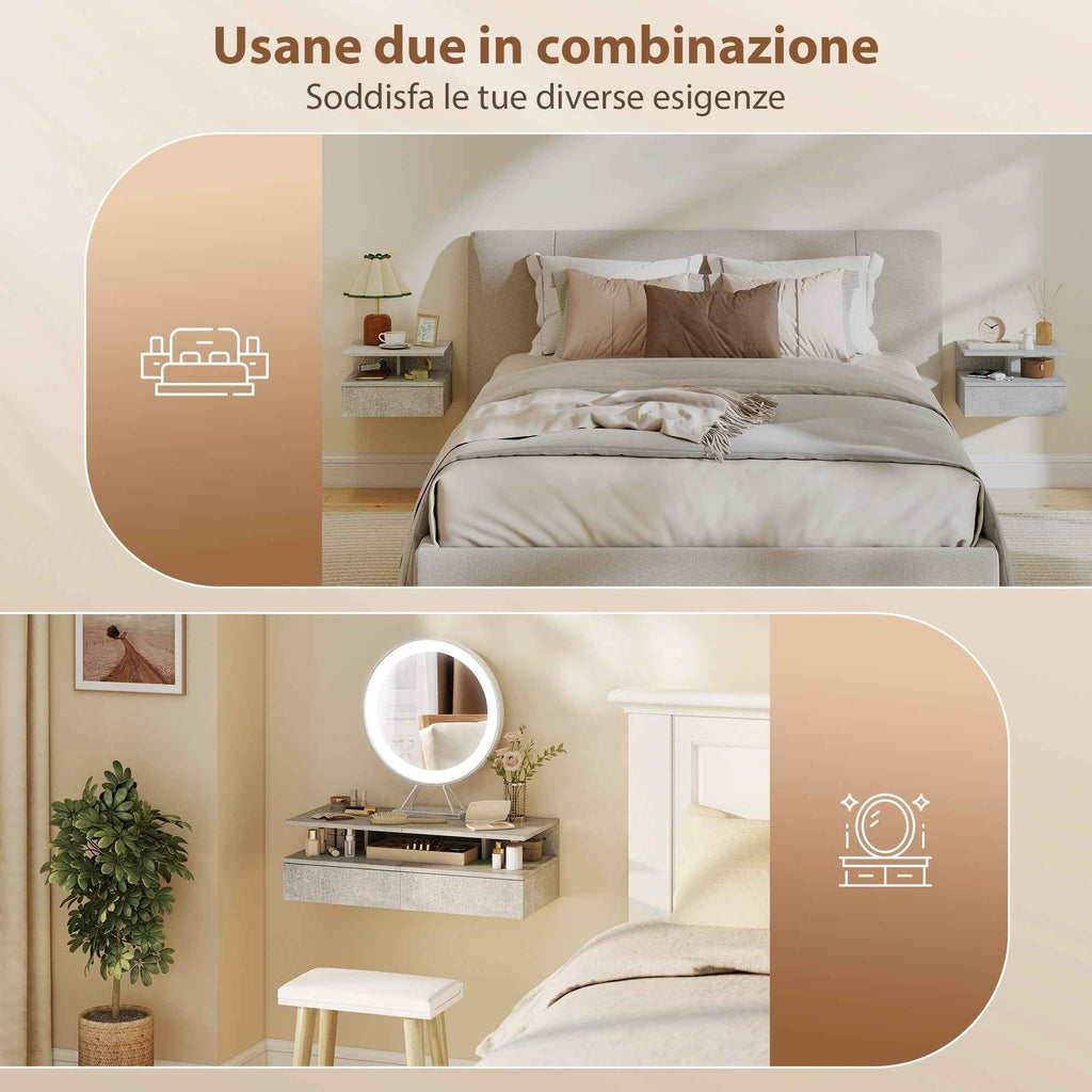HOMCOM Set of 2 Floating Bedside Tables with Drawer and Open Shelf, 35x32x22.5 cm, Cement Grey