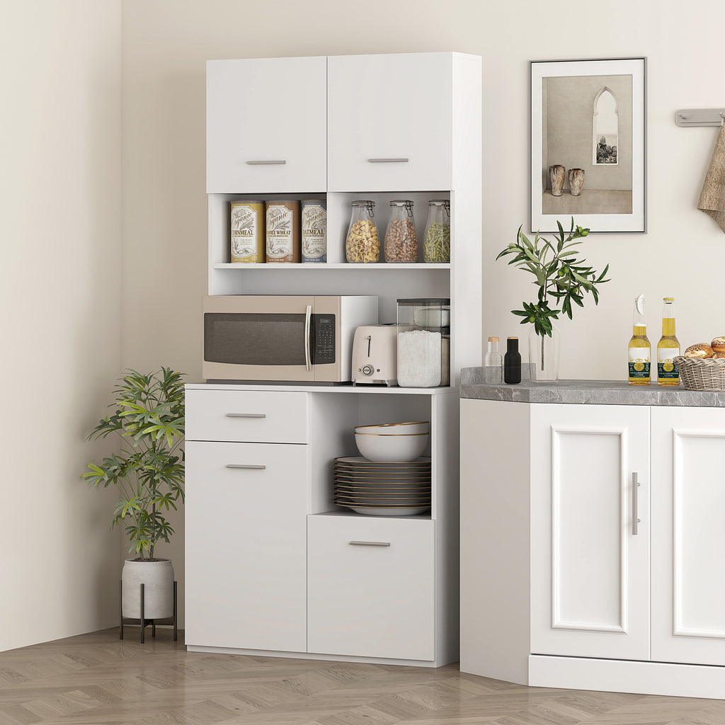 Wooden Pantry Cabinet with Drawer, 4 Cabinets and 3 Open Shelves, 80x35x180 cm, White