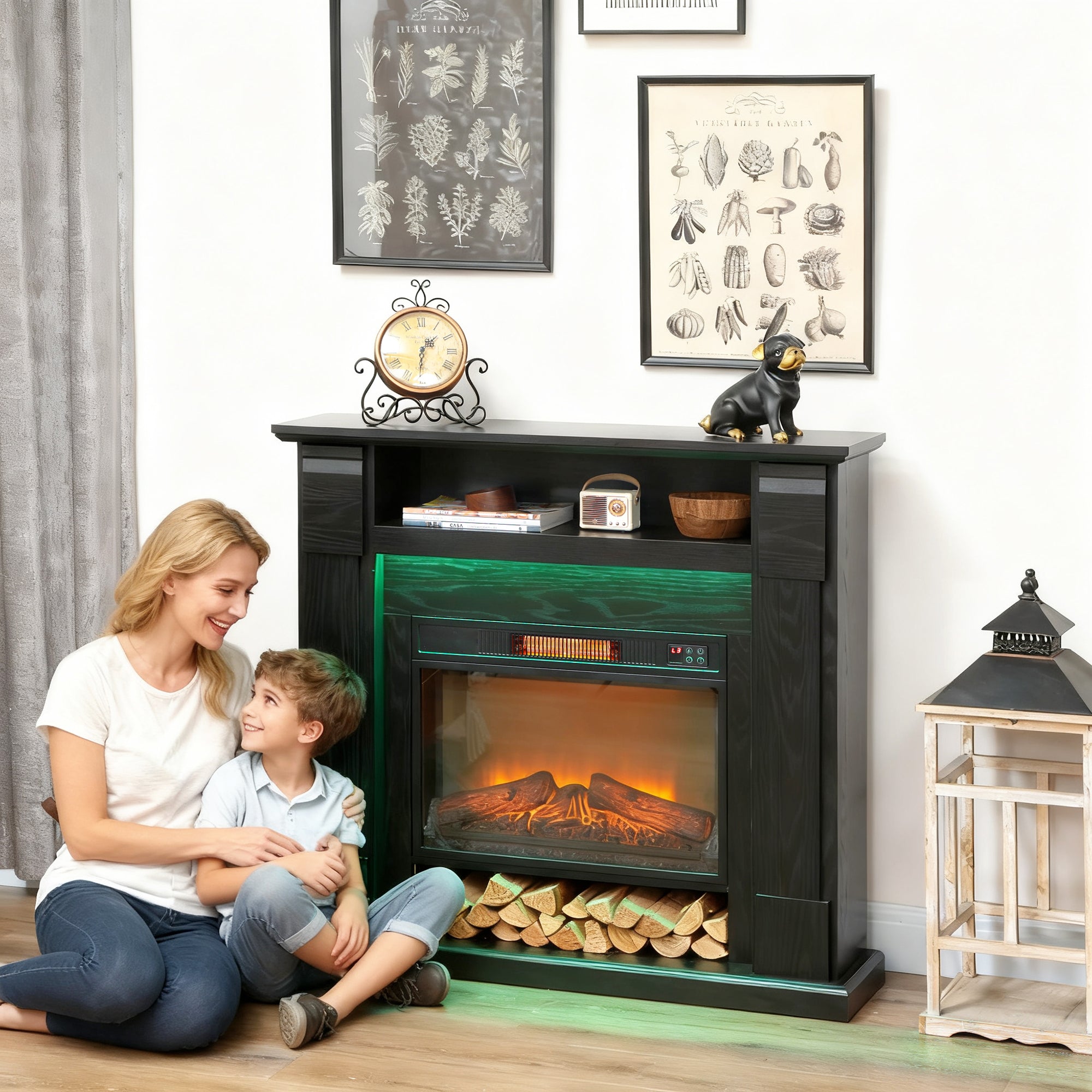 1800W Adjustable Electric Fireplace with 3D Flame, Shelf, Timer and Remote Control, 105x27x97 cm, Black