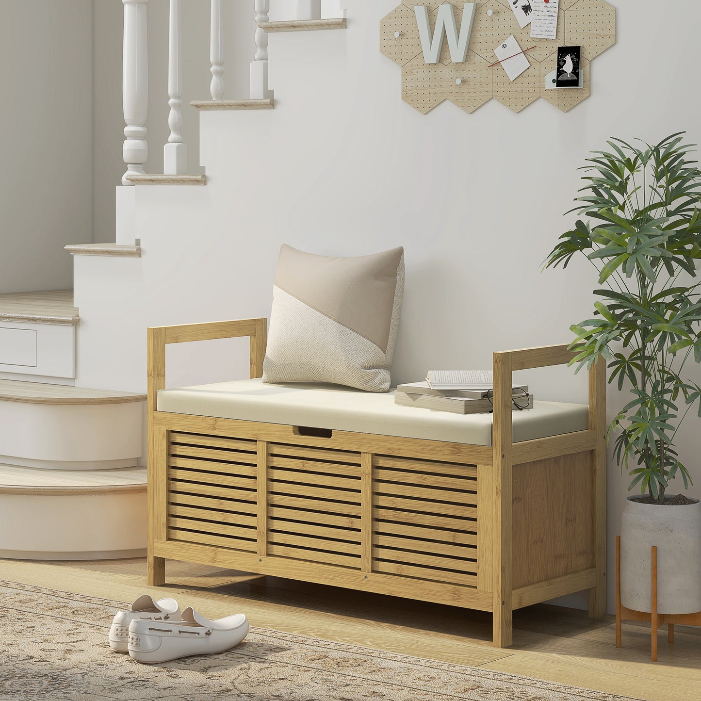 Bamboo Wood Slatted Entryway Shoe Bench with Drop-Leaf Design, 100x40x60 cm