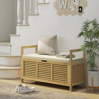 Bamboo Wood Slatted Entryway Shoe Bench with Drop-Leaf Design, 100x40x60 cm