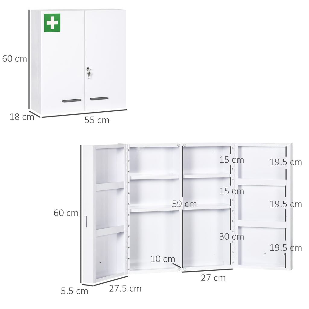 kleankin 6-Shelf Medicine Cabinet with Lock and 2 Keys, Steel, 55x18x60 cm, White - Borgè