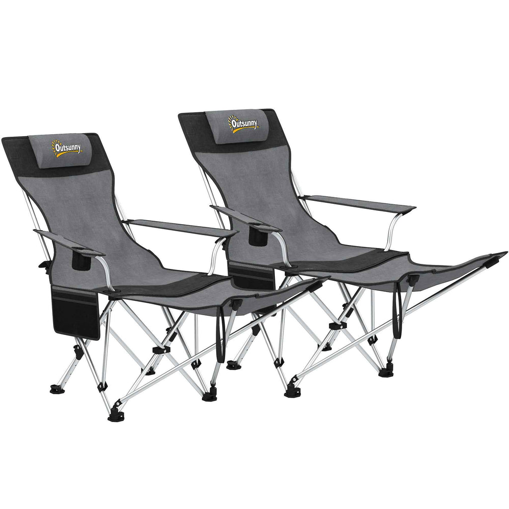 Outsunny Set of 2 Folding Camping Chairs with Footrest and Cup Holder, 82x50/100x88 cm, Grey