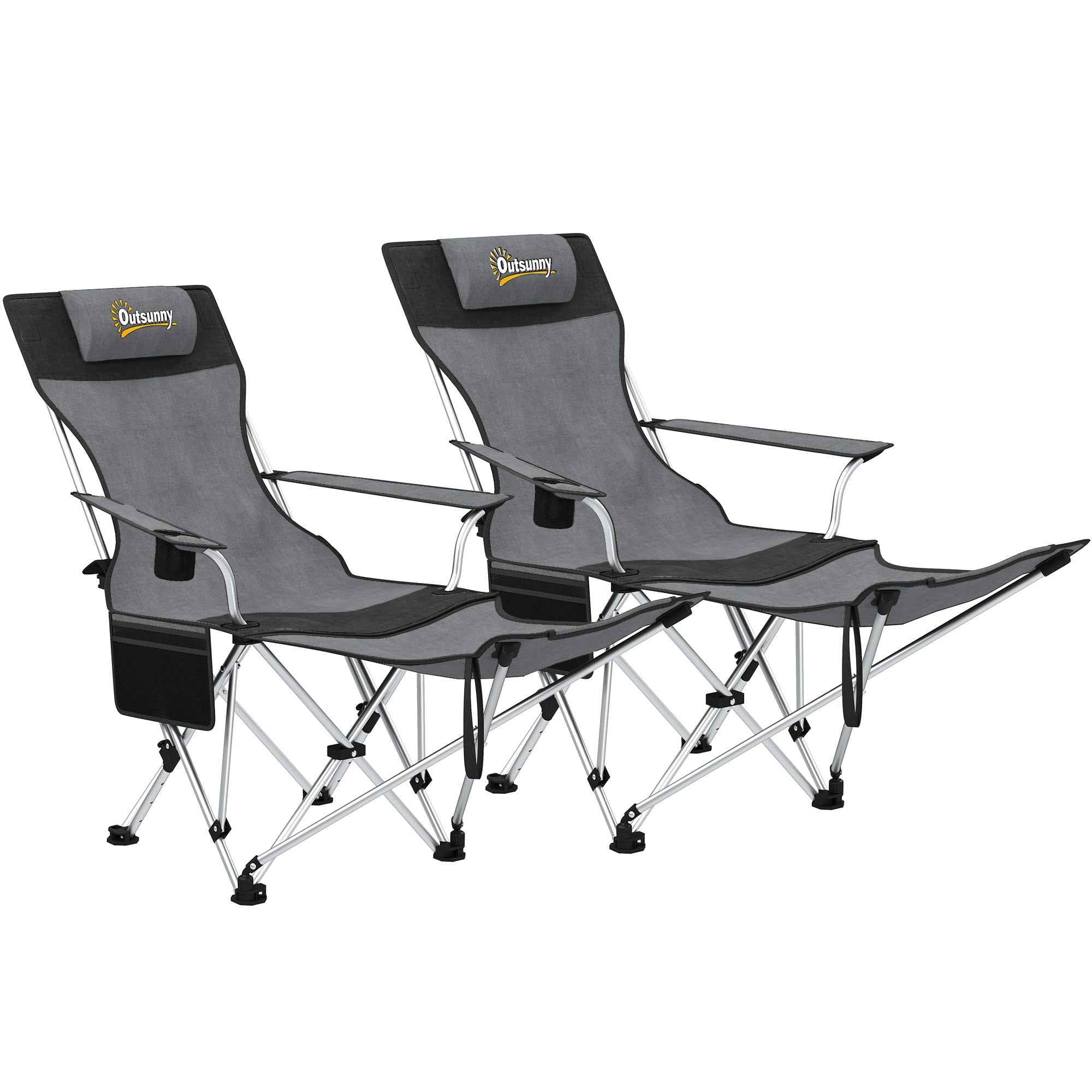 Outsunny Set of 2 Folding Camping Chairs with Footrest and Cup Holder, 82x50/100x88 cm, Grey