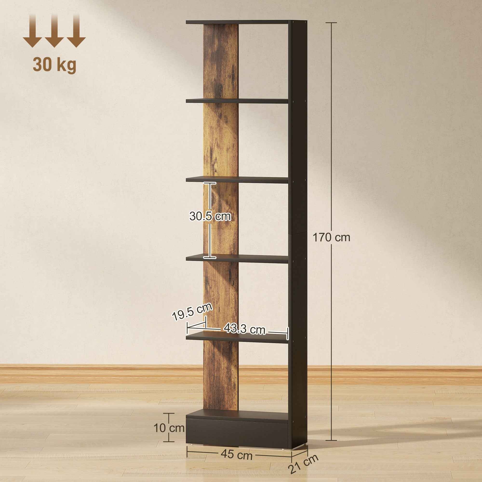 HOMCOM Modern Space-Saving 5-Tier Wooden Bookcase, 45 x 21 x 170 cm, Brown and Black