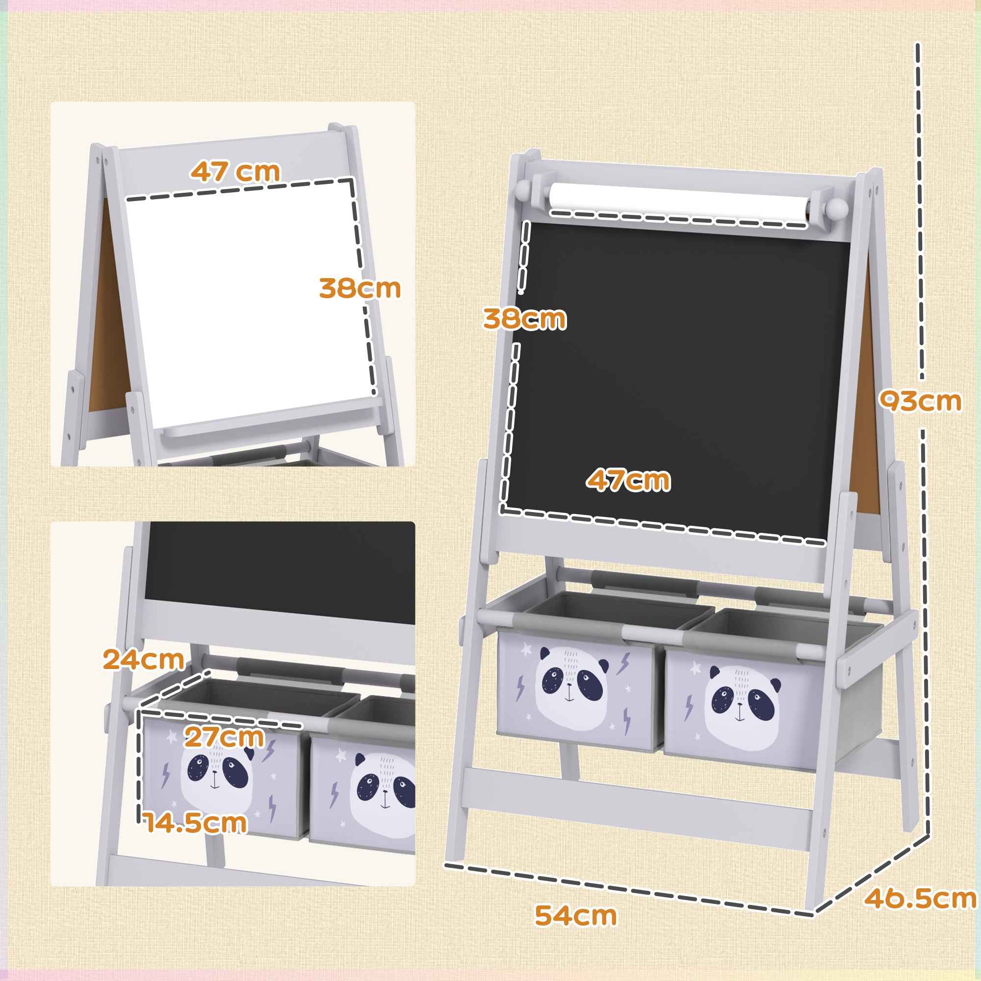 3-in-1 Children's Easel with 2 Storage Bins, Ages 3-8 Years, 54x46.5x93cm, Grey