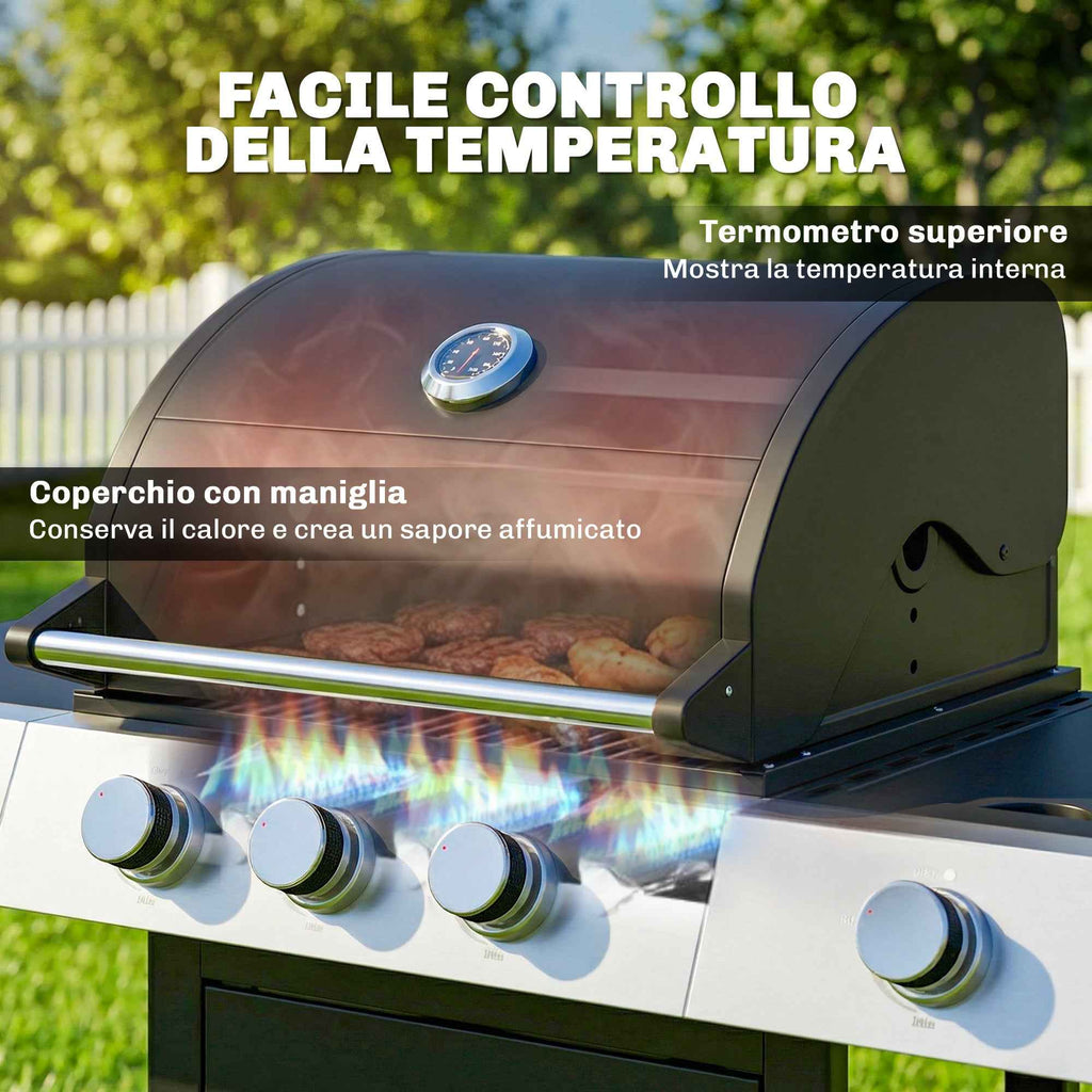 Outsunny Gas Barbecue with 3 Burners and Side Burner, 109x50x109 cm, Black