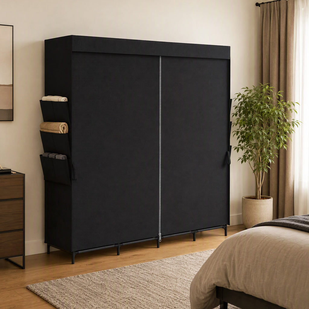 HOMCOM Space-Saving Fabric Wardrobe with 5 Rods, 4 Shelves, 6 Side Pockets, 170x45x167 cm, Black