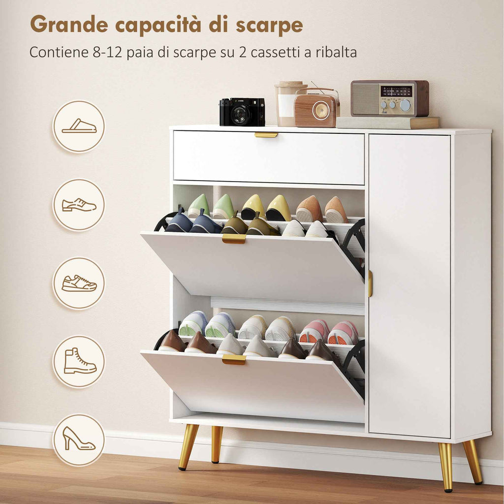 HOMCOM Space-Saving Slim Shoe Rack with Flap Doors, Entryway Shoe Cabinet with Adjustable Shelves, Holds 12 Pairs, White