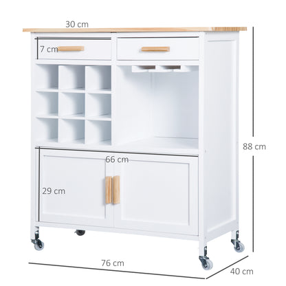 Kitchen Cabinet with Wheels, Bamboo Bottle Rack and Glass Holder, 76 x 40 x 88cm