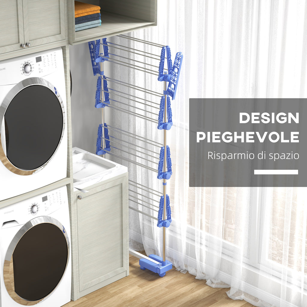 HOMCOM Vertical Drying Rack with 4 Adjustable Shelves, in Steel and Plastic, 142x55x172 cm, Blue and Silver - Borgè