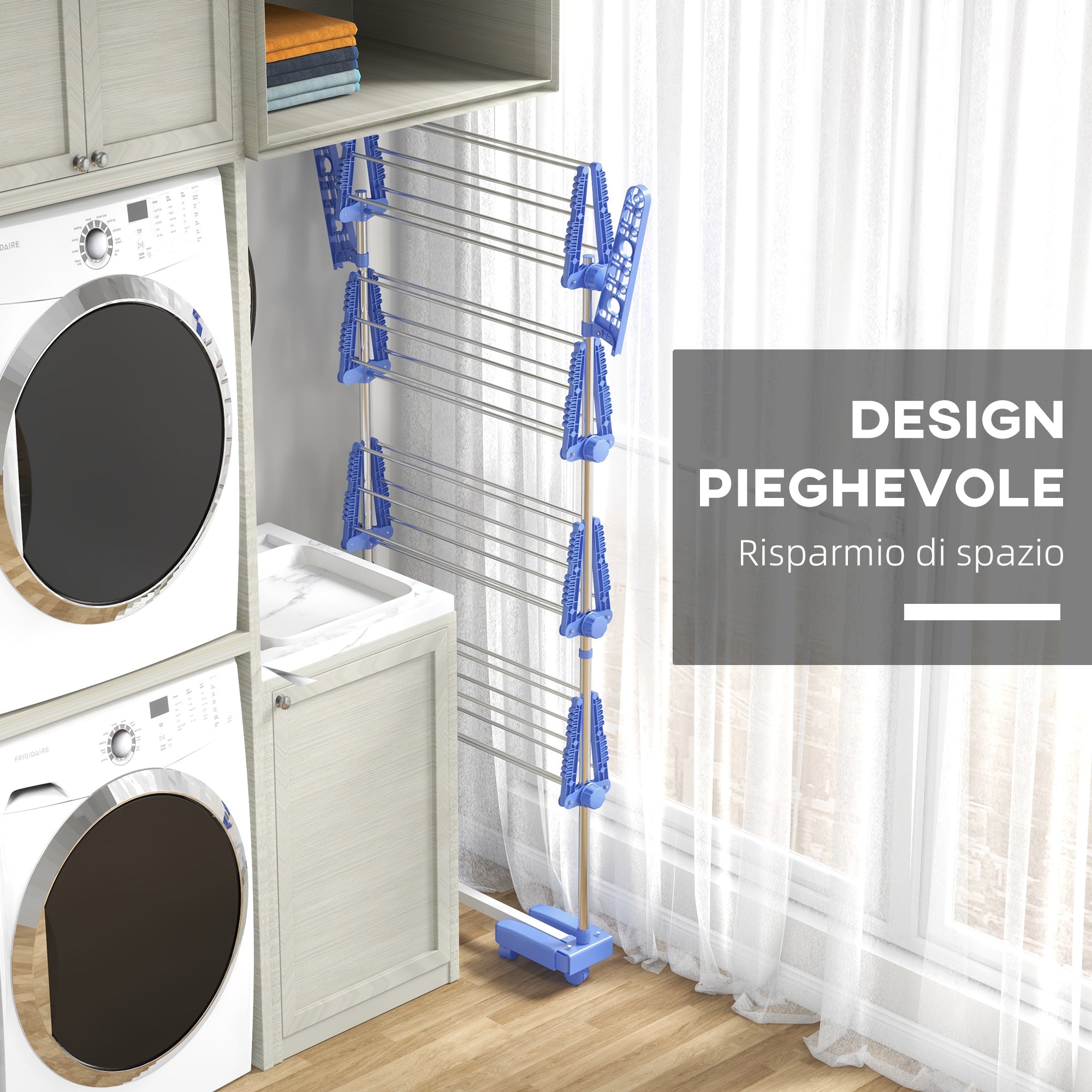 HOMCOM Vertical Drying Rack with 4 Adjustable Shelves, in Steel and Plastic, 142x55x172 cm, Blue and Silver - Borgè