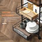 Kitchen trolley with 2 removable metal baskets, 2 chipboard shelves and side hooks, 40x38x111cm - Borgè