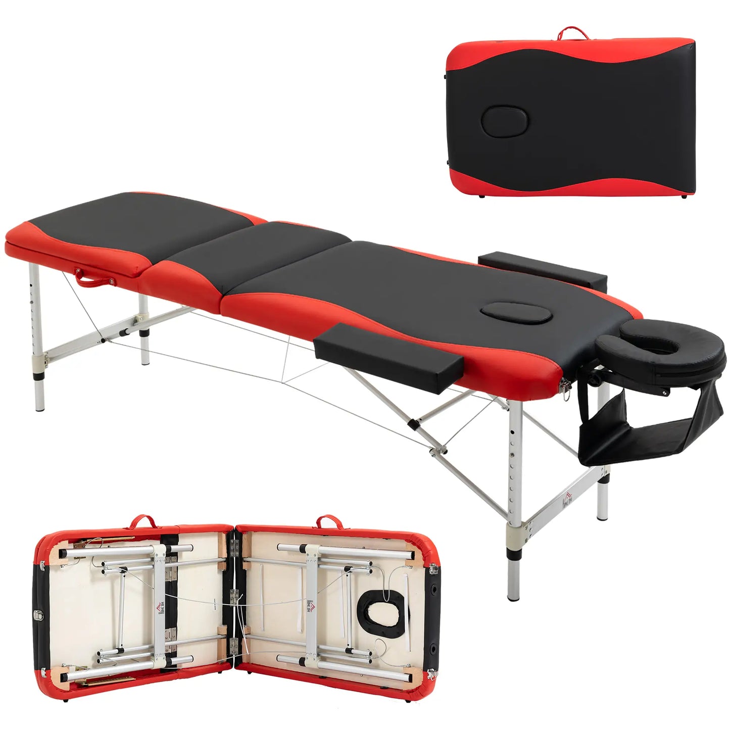 Foldable Massage and Beauty Table with Adjustable Height, Professional Massage Bed in Aluminum and Plastic, 215x60x61-84 cm, Black and Red