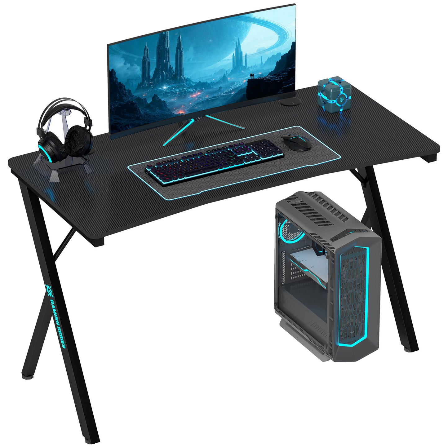 Gaming Desk with Adjustable RGB LED Lights and K-Shaped Legs, Made of Wood and Steel, 120x60x75 cm, Black