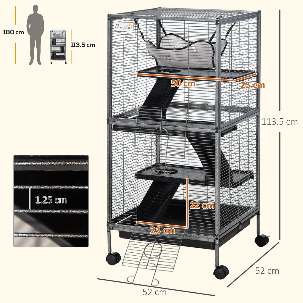 Small Pet Cage, Steel Guinea Pig and Chinchilla Cage with 3 Levels, 4 Wheels, Hammock and Removable Tray, 52 x 52 x 113.5cm, Silver Grey