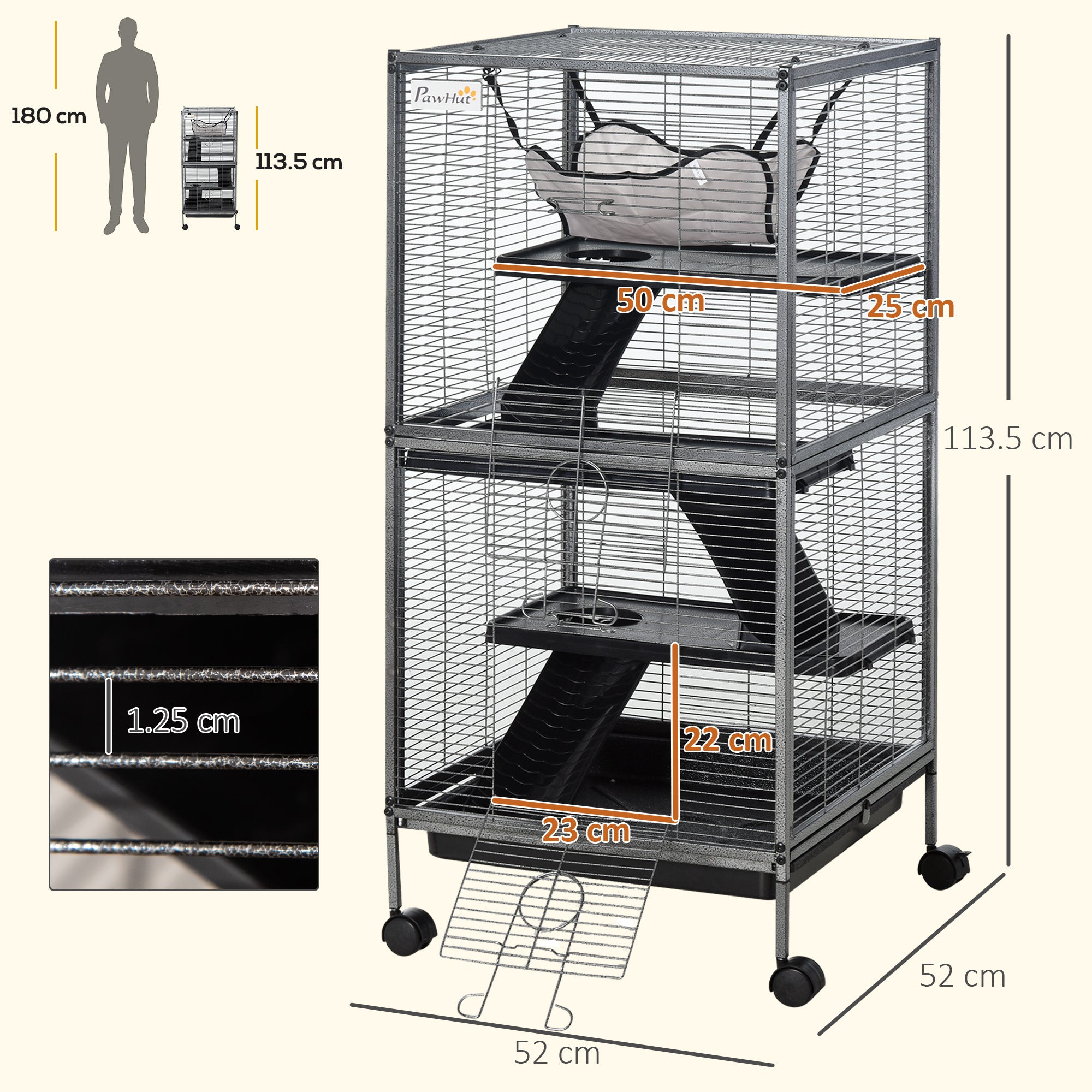 Small Pet Cage, Steel Guinea Pig and Chinchilla Cage with 3 Levels, 4 Wheels, Hammock and Removable Tray, 52 x 52 x 113.5cm, Silver Grey