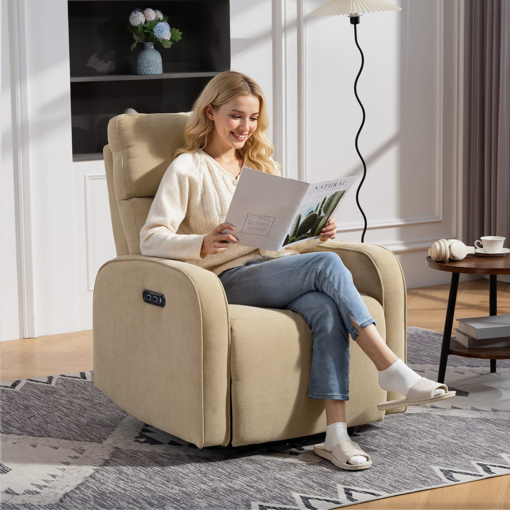 Electric Chenille Recliner Chair with Footrest, Adjustable Headrest and Sockets, 80x93x103 cm, Beige