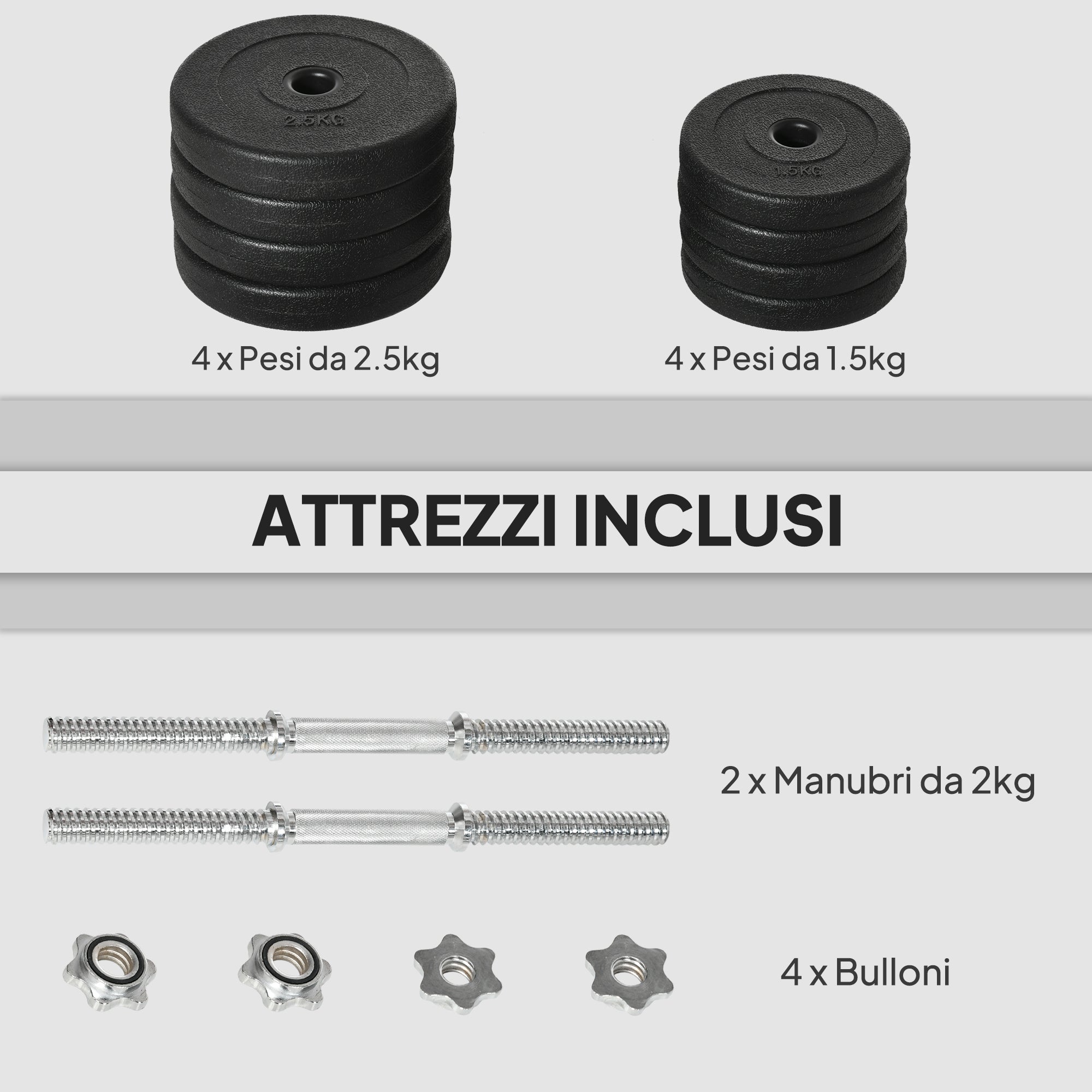 20 kg Dumbbell Set (4 x 2.5 kg, 4 x 1.5 kg) with 8 Discs and 2 x 2 kg Dumbbells, 43 x 18 x 7.5 cm, Black