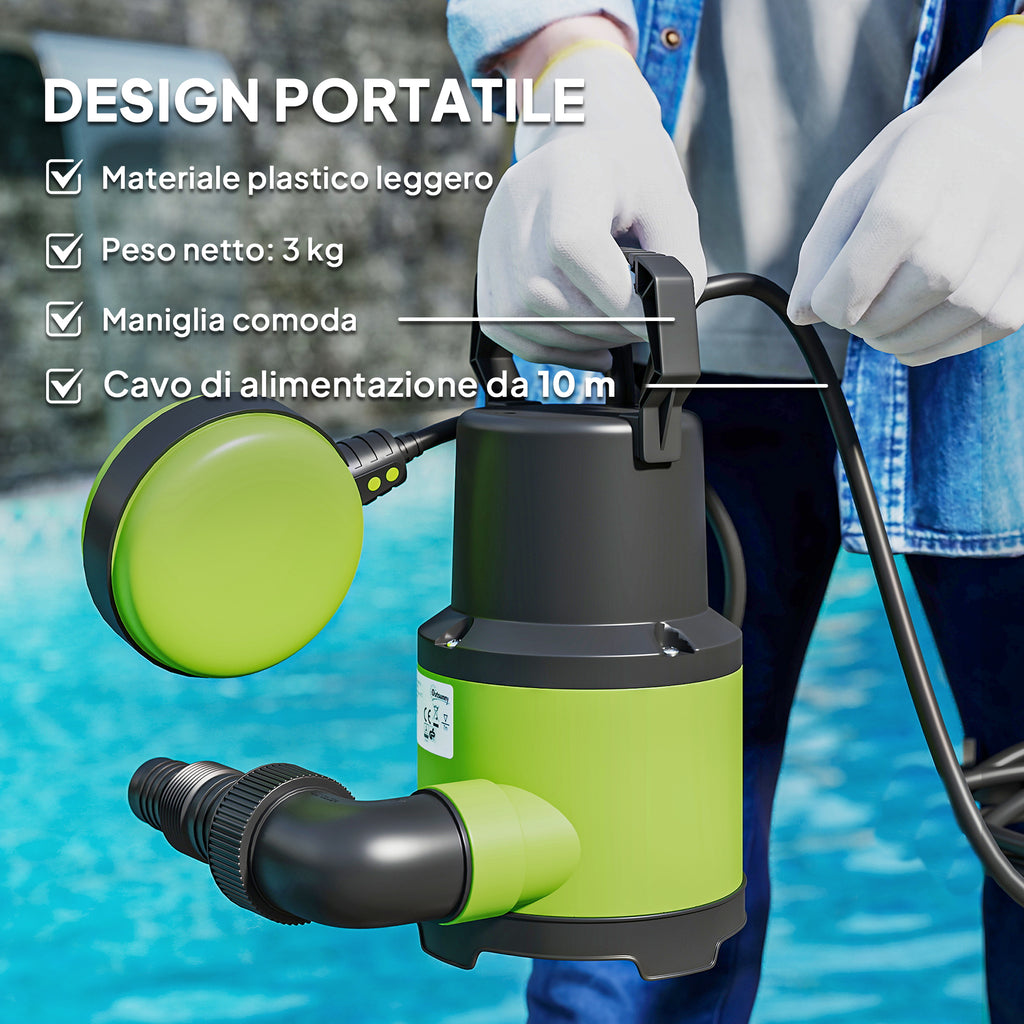 Outsunny 400W Dirty/Clean Water Pump, 9,000L/h, Submersible Dirty Water Pump 7m Max Depth, Handles Particles up to 15mm, Float Switch, Green