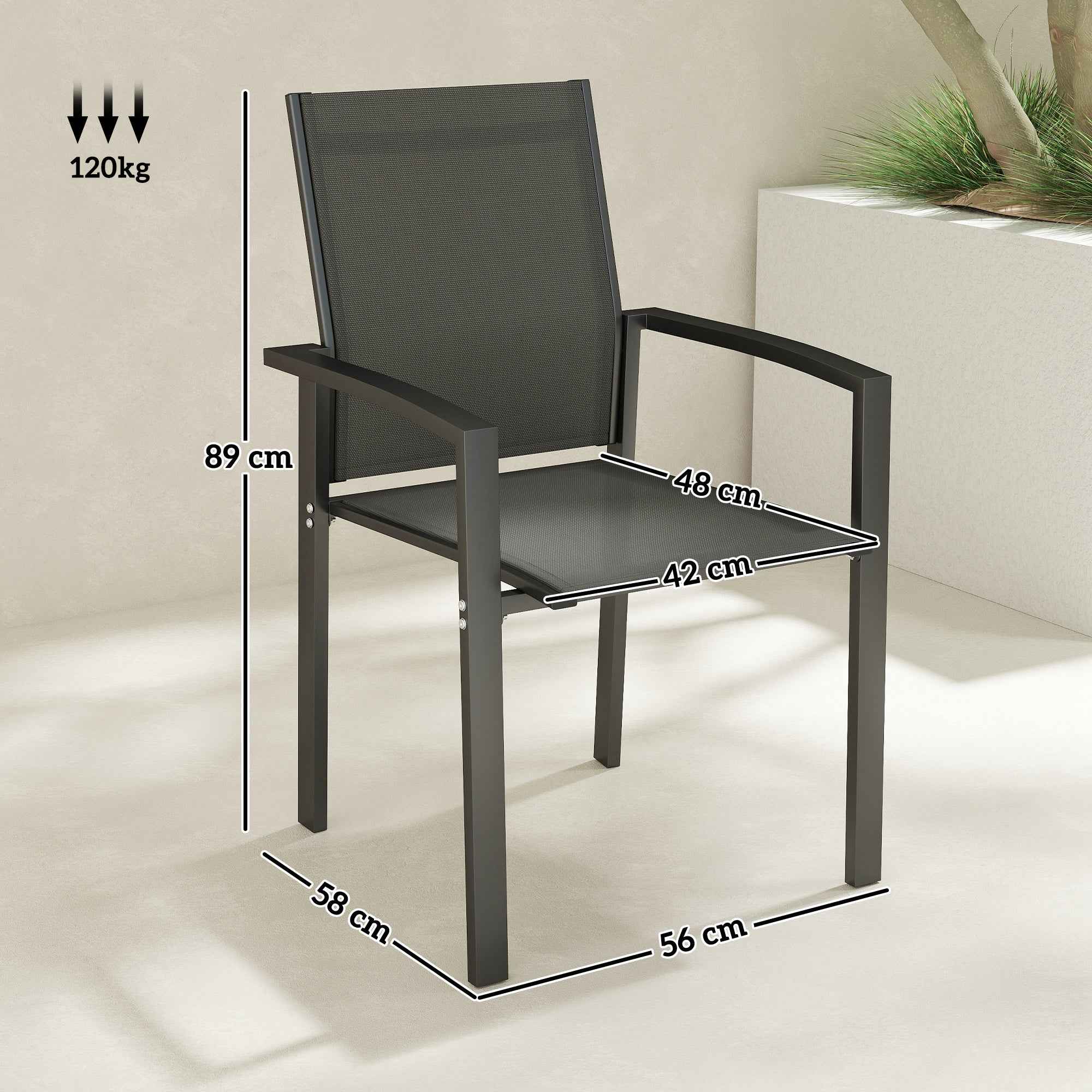 Outsunny Set of 2 Stackable Garden Chairs with Breathable Seat, in Aluminum and Textilene, 56x58x89 cm, Charcoal Gray