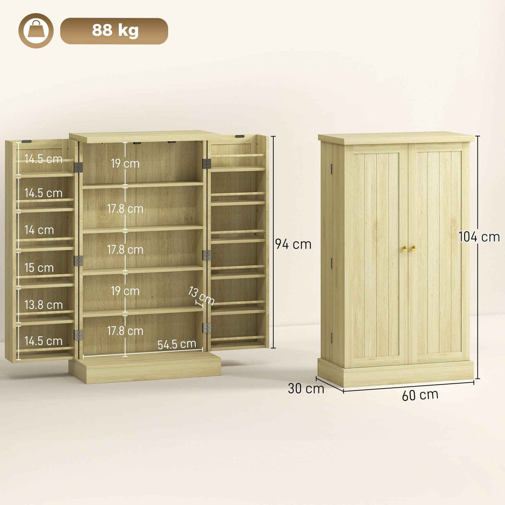 HOMCOM 104cm Pantry, 12 Spice Racks, Adjustable Shelves, Natural Wood.