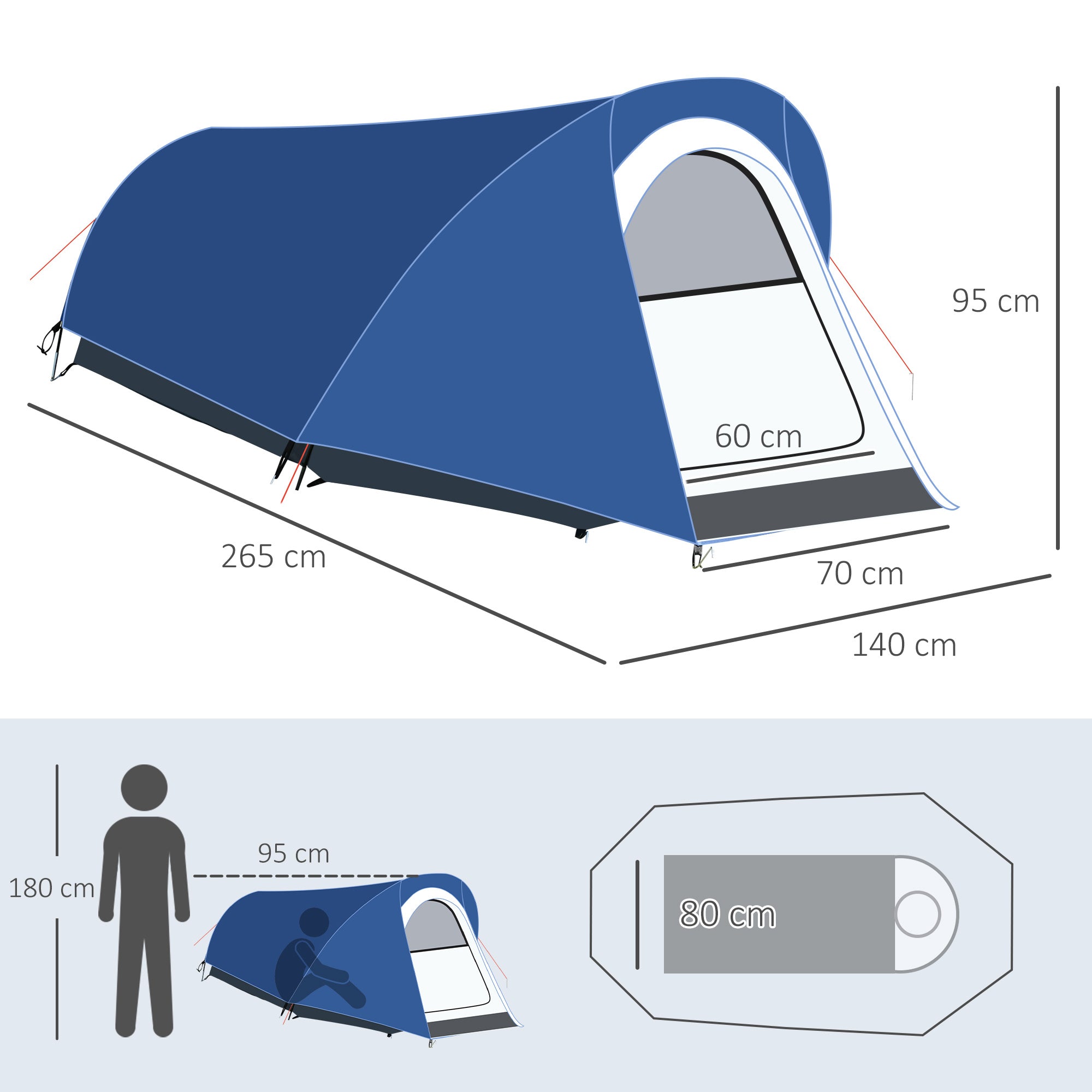 Camping Tent in Polyester and Oxford Fabric with Internal Hook and Mesh Windows, 265x140x95 cm