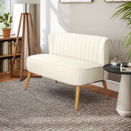 2-Seater Sofa in Linen-Effect Fabric without Armrests with Wooden Legs, 117x56.5x77 cm, Cream White