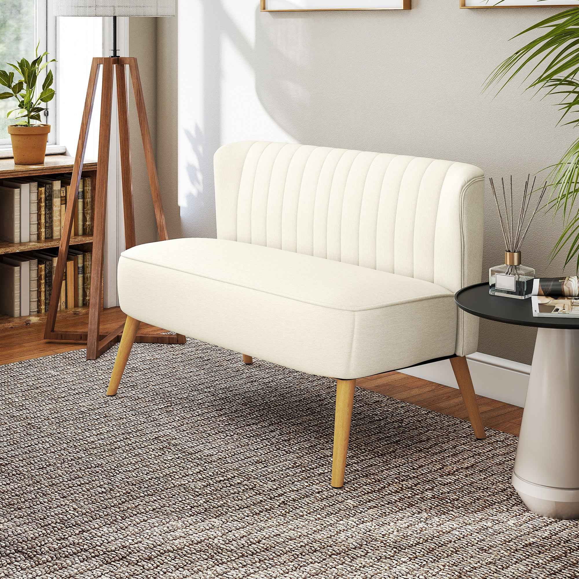 2-Seater Sofa in Linen-Effect Fabric without Armrests with Wooden Legs, 117x56.5x77 cm, Cream White