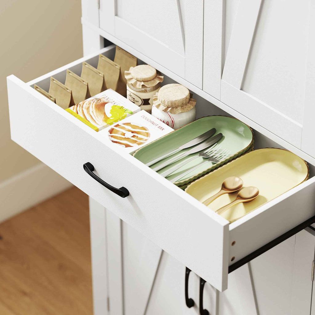 HOMCOM Country Style Kitchen Pantry with 2 Cabinets, 6 Shelves and Drawer, Wooden, 76x39.5x183.5 cm, White
