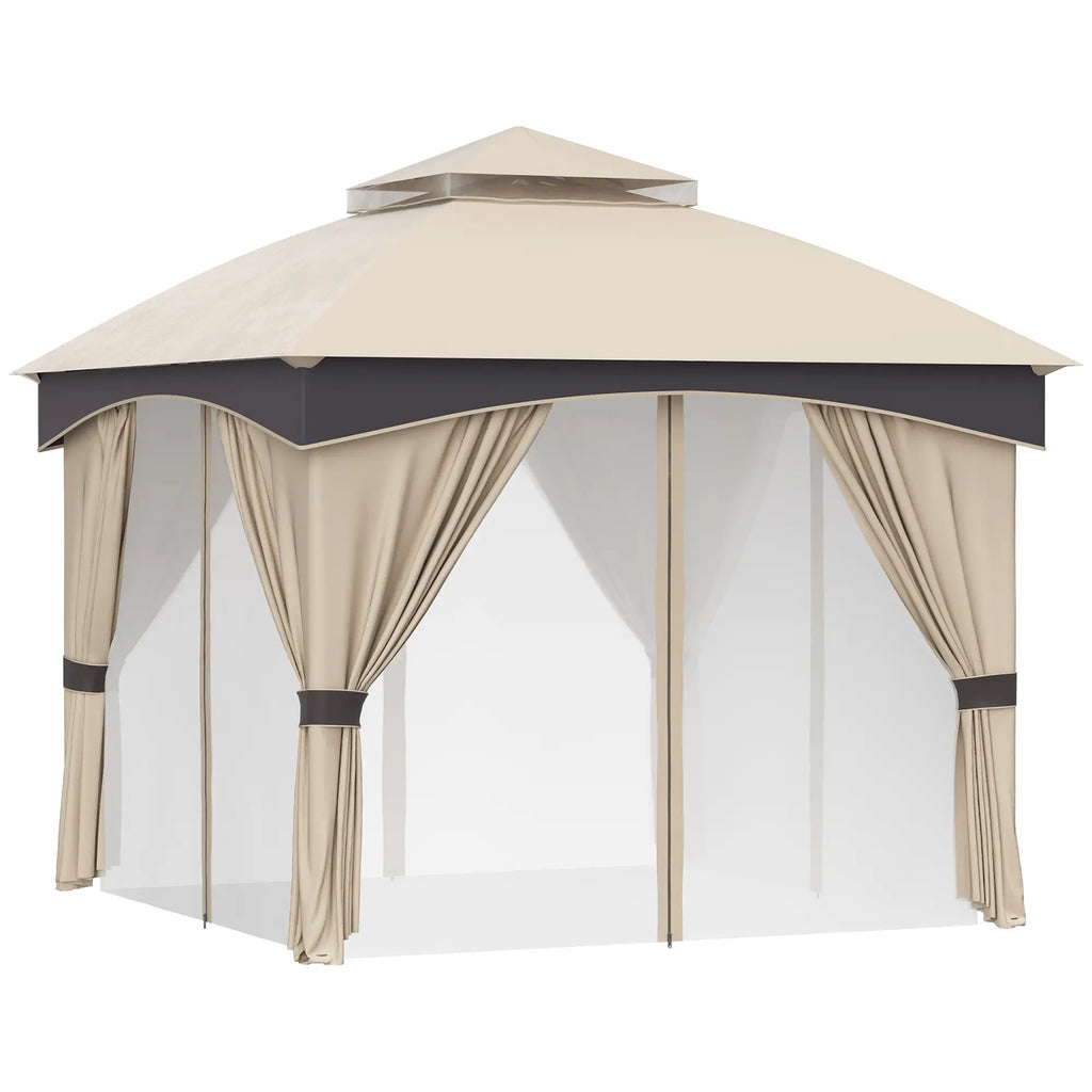 3x3m Steel Garden Gazebo with Double Roof and Curtains, Beige and Grey - Borge' Group Limited