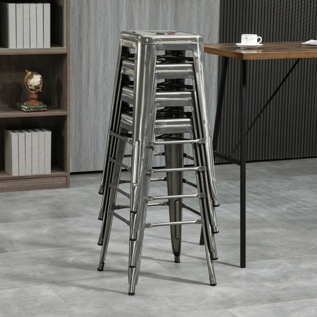 HOMCOM Set of 4 Stackable Bar Stools with Footrest, Industrial Style, Steel, for Dining Room, Silver