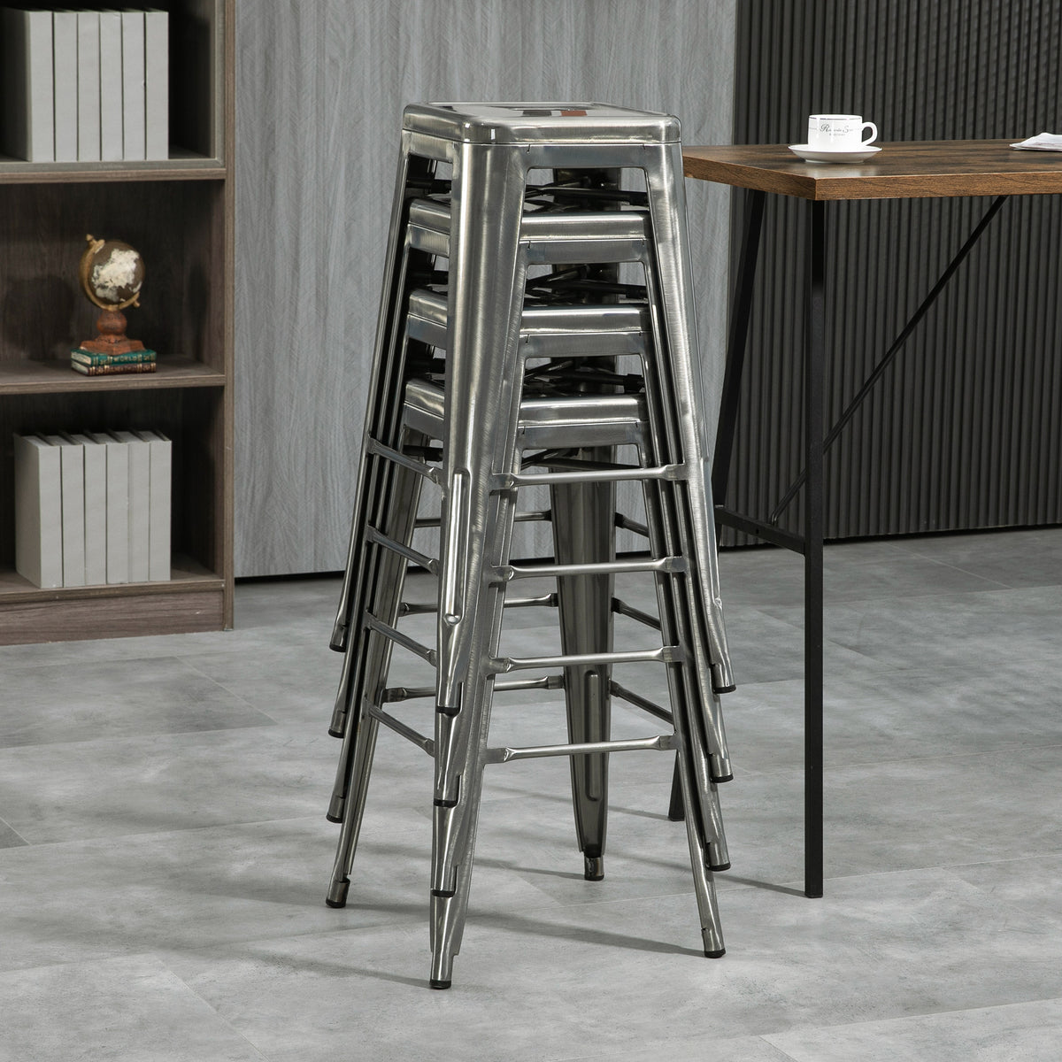 HOMCOM Set of 4 Stackable Bar Stools with Footrest, Industrial Style, Steel, for Dining Room, Silver